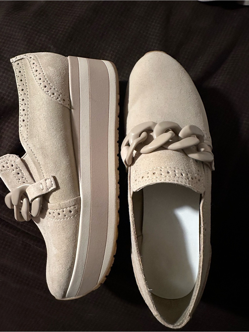 Beige Suede Loafers with Chunky Chain Accent - Picture 3 of 4